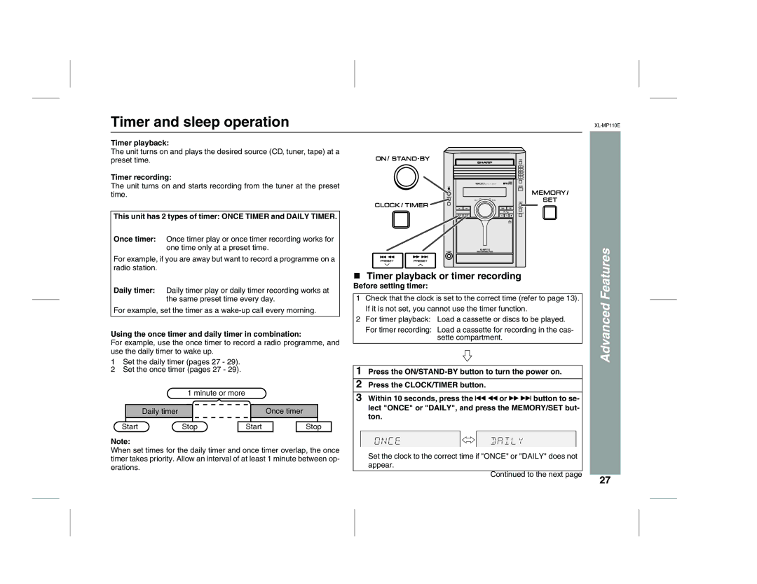 Sharp XL-MP130 operation manual Timer and sleep operation, Timer playback or timer recording 