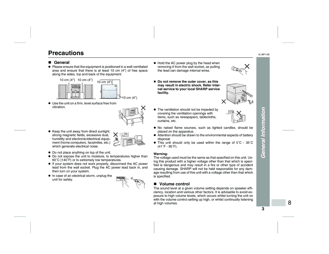 Sharp XL-MP130 operation manual Precautions, General, Volume control 