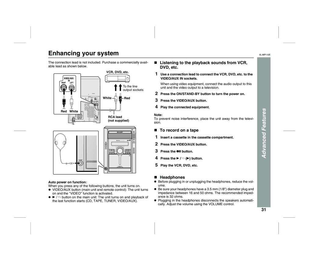 Sharp XL-MP130 Enhancing your system, Listening to the playback sounds from VCR, DVD, etc, To record on a tape, Headphones 