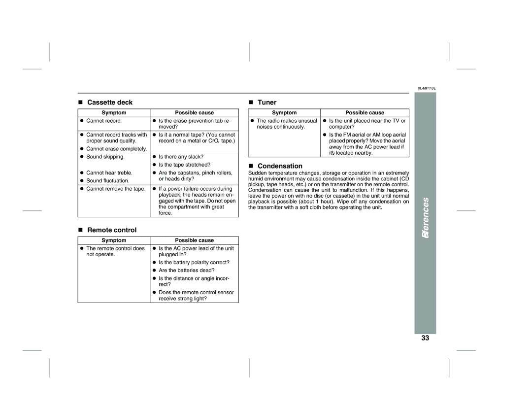 Sharp XL-MP130 operation manual Cassette deck, Tuner, Condensation 