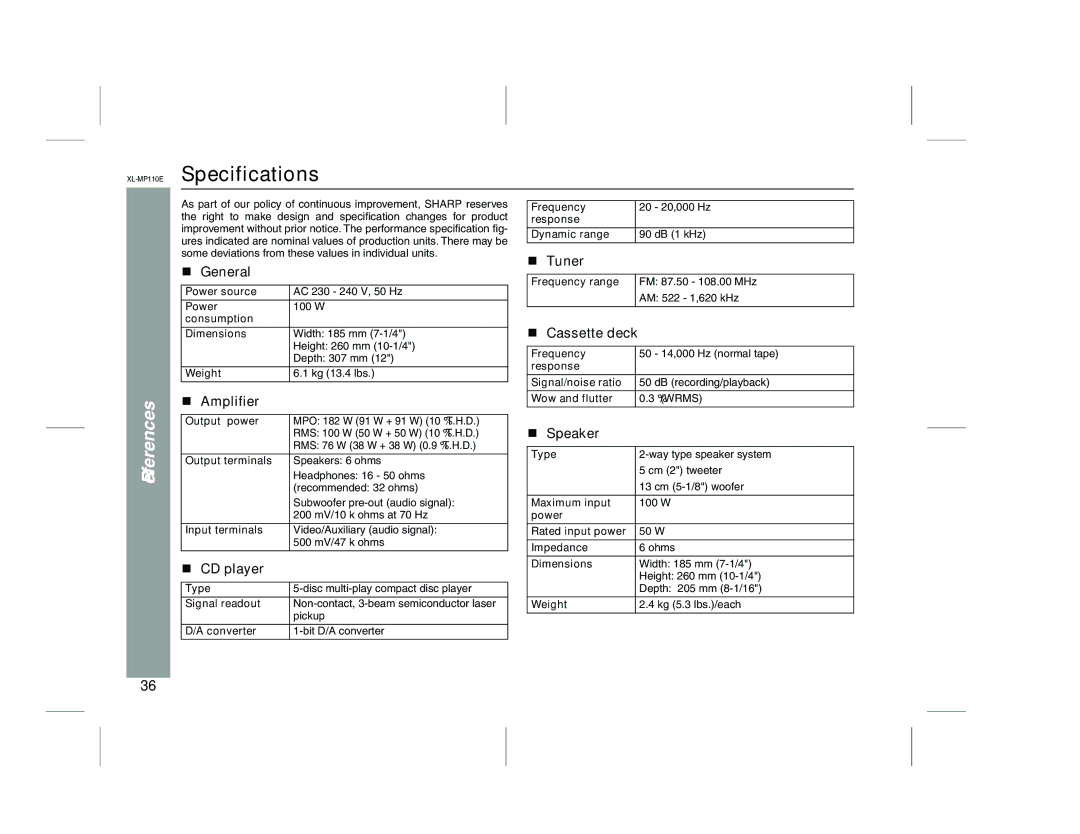 Sharp XL-MP130 operation manual Specifications, Amplifier, Speaker 