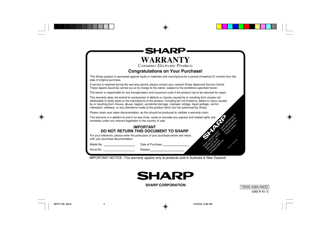 Sharp XL-MP130 operation manual Warranty 