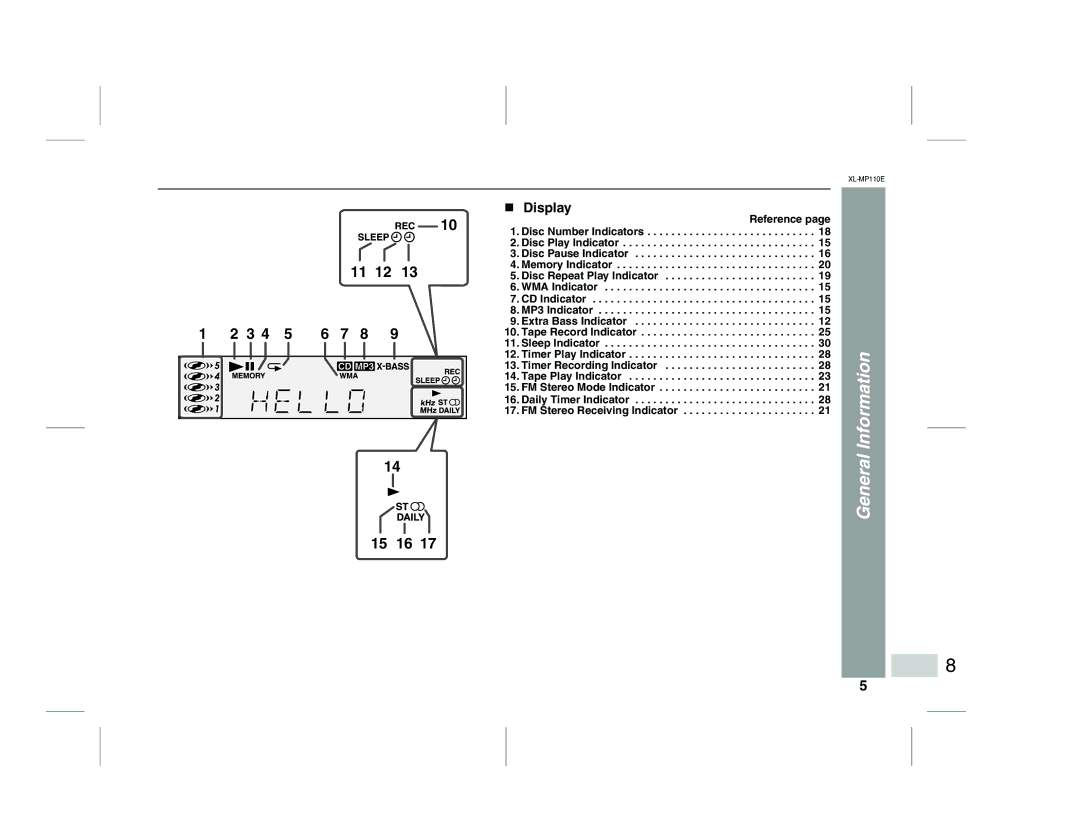 Sharp XL-MP130 Display, Disc Play Indicator Disc Pause Indicator, Daily Timer Indicator FM Stereo Receiving Indicator 