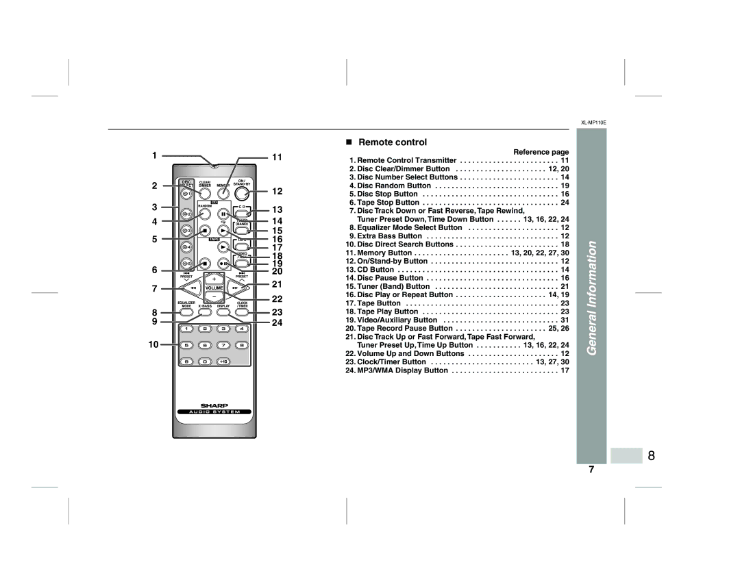 Sharp XL-MP130 Remote control, Disc Clear/Dimmer Button, Disc Random Button Disc Stop Button Tape Stop Button 