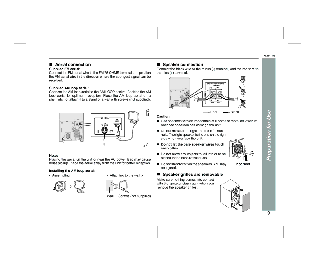 Sharp XL-MP130 operation manual Aerial connection, Speaker connection, Speaker grilles are removable 