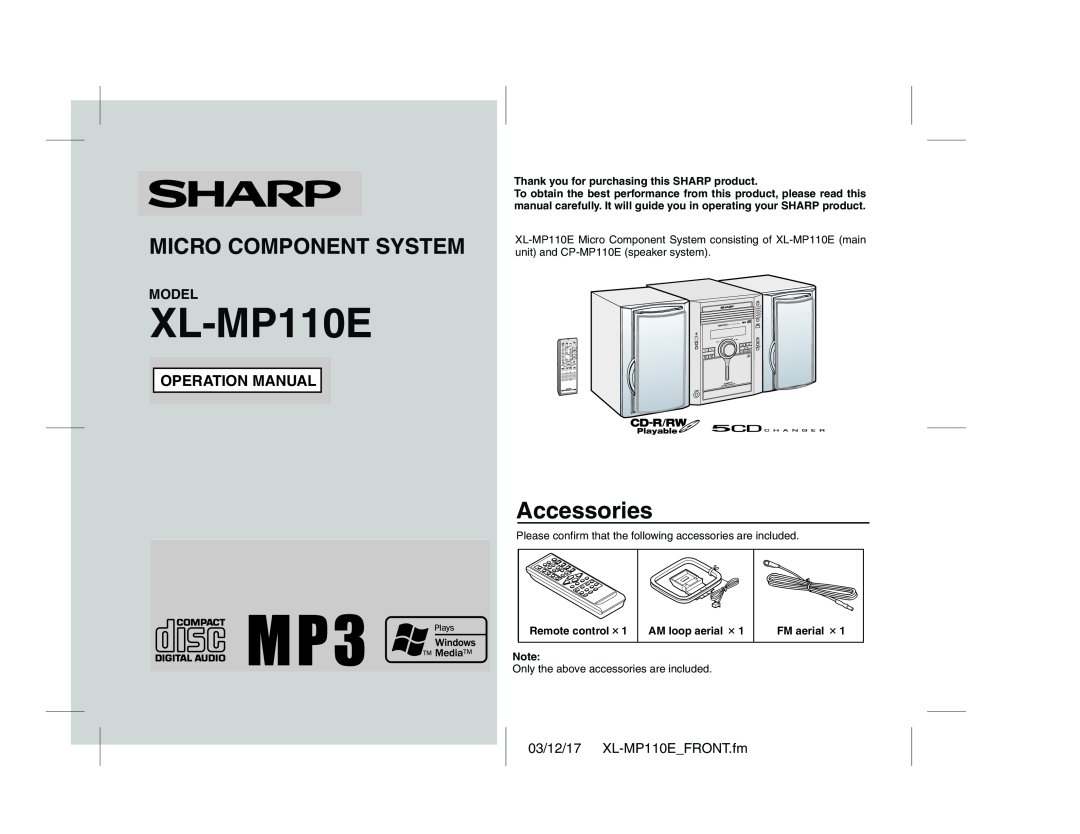 Sharp XL-MP130 operation manual Accessories, Model, 03/12/17 XL-MP110E FRONT.fm, Micro Component System 