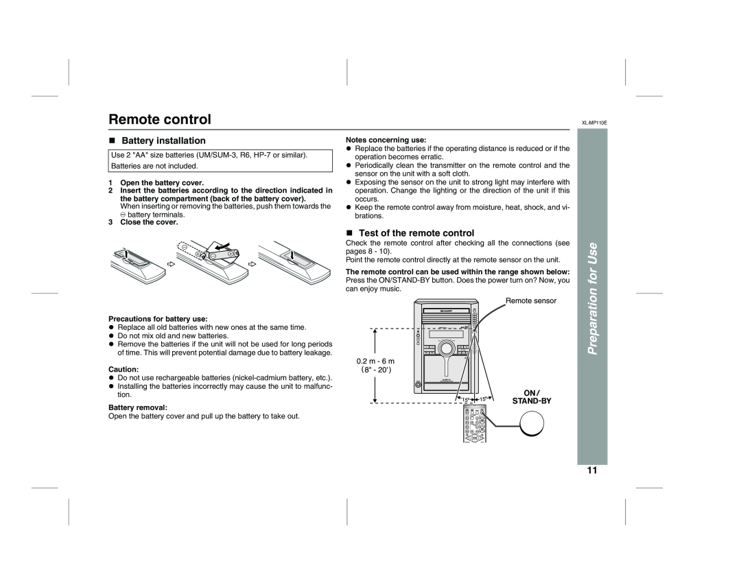 Sharp XL-MP130 operation manual Remote control, Battery installation, Test of the remote control, Preparation for Use 