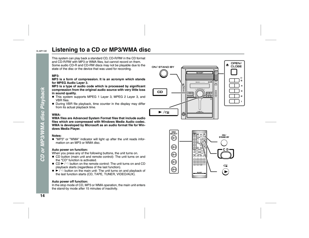 Sharp XL-MP130 operation manual XL-MP110E Listening to a CD or MP3/WMA disc, CD or MP3/WMA disc Playback 