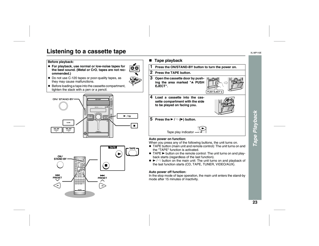 Sharp XL-MP130 operation manual Listening to a cassette tape, Tape Playback, Tape playback 