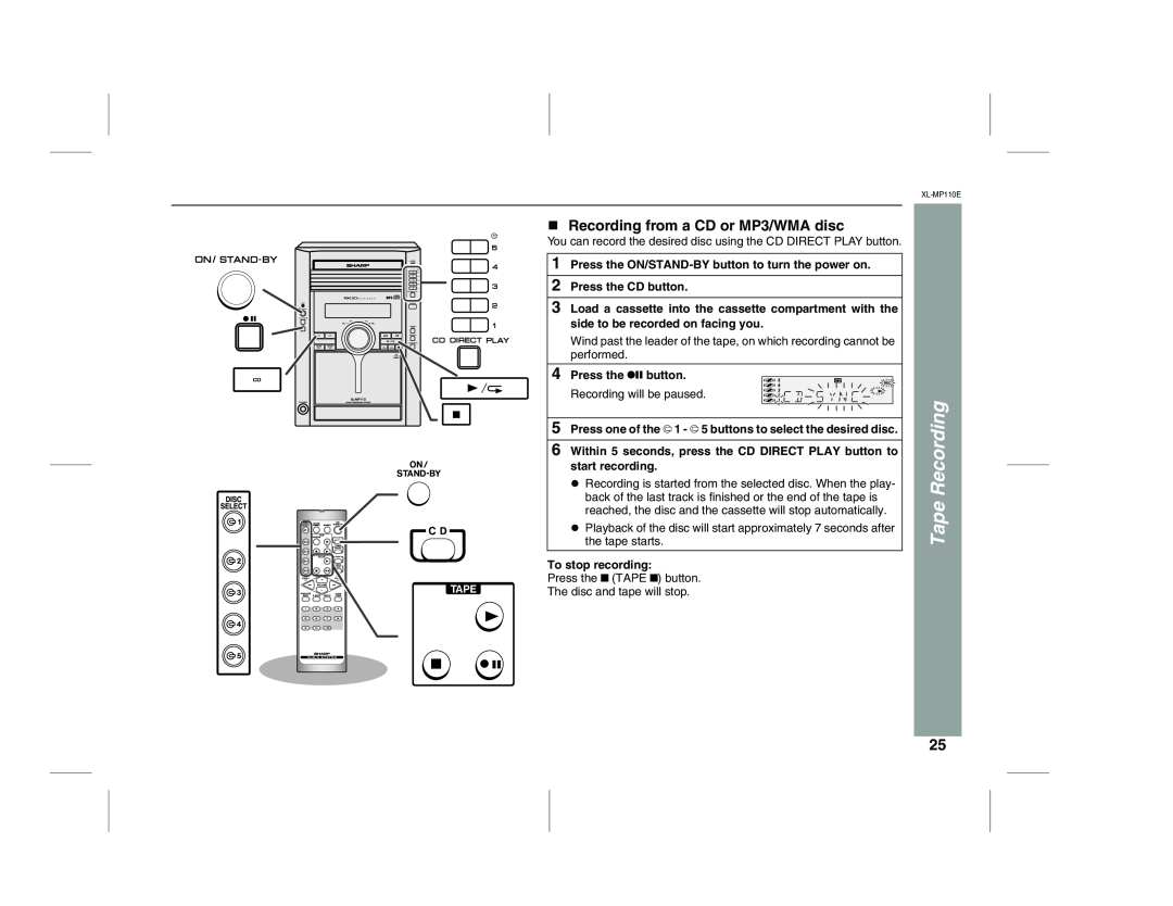 Sharp XL-MP130 operation manual Tape Recording, Recording from a CD or MP3/WMA disc 