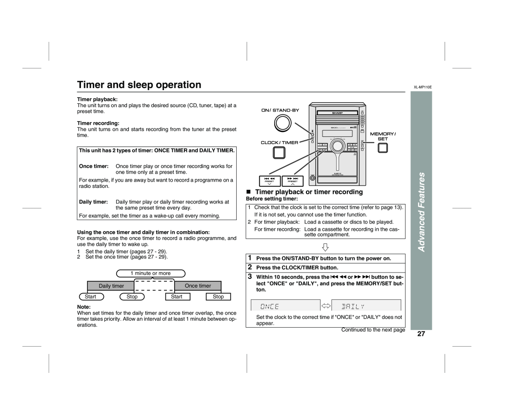 Sharp XL-MP130 operation manual Timer and sleep operation, Advanced Features, Timer playback or timer recording 