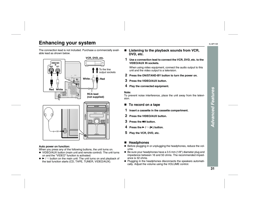 Sharp XL-MP130 operation manual Enhancing your system, To record on a tape, Headphones, Advanced Features 