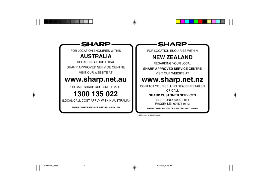Sharp XL-MP130 operation manual Australia, New Zealand, Sharp Approved Service Centre, Sharp Customer Services, 1300 