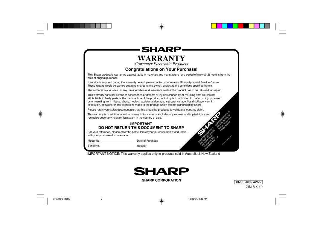 Sharp XL-MP130 Congratulations on Your Purchase, Do Not Return This Document To Sharp, Sharp Corporation, Warranty, Hugo 