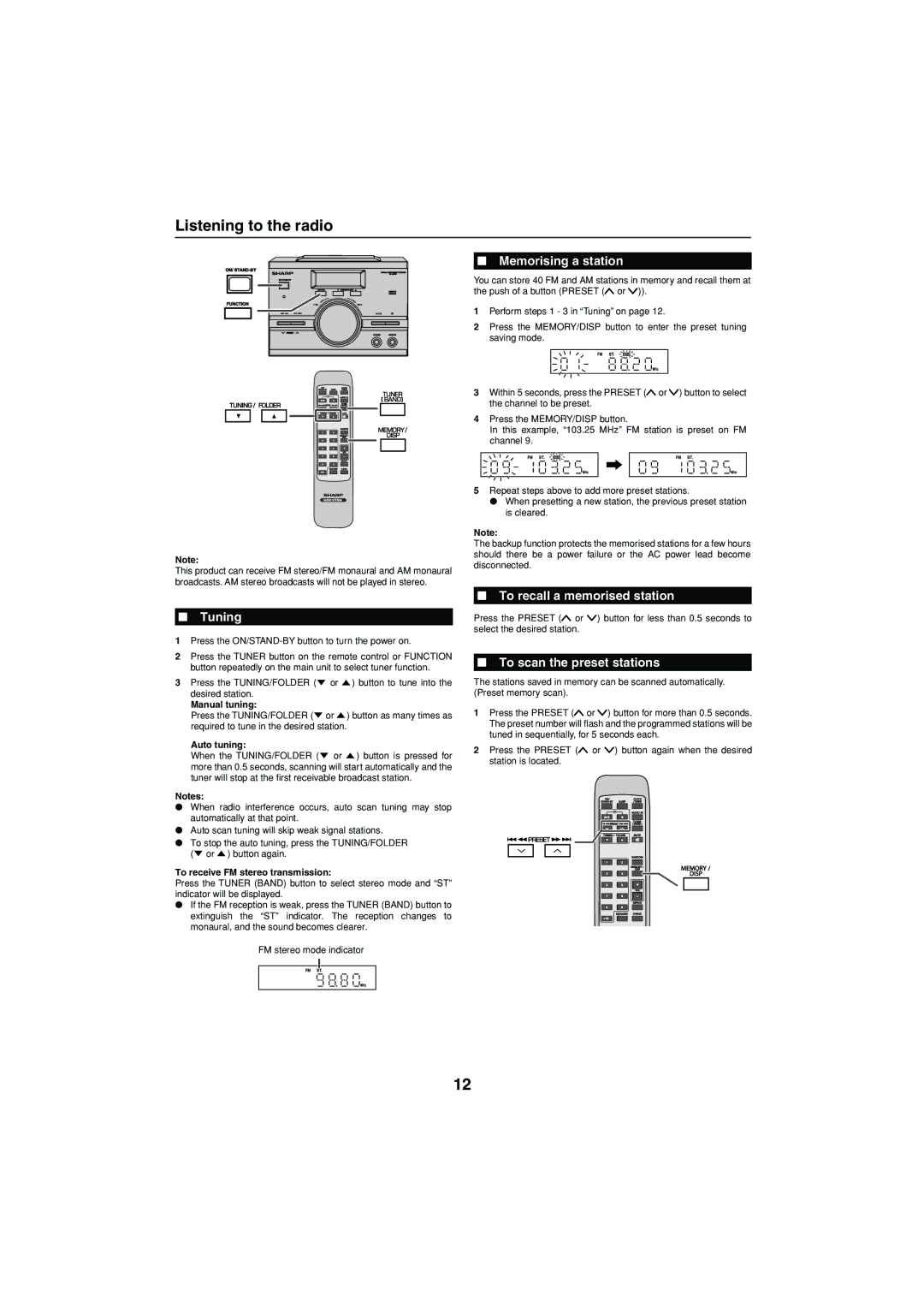 Sharp XL-MP15H operation manual Listening to the radio, Memorising a station, Tuning, To recall a memorised station 