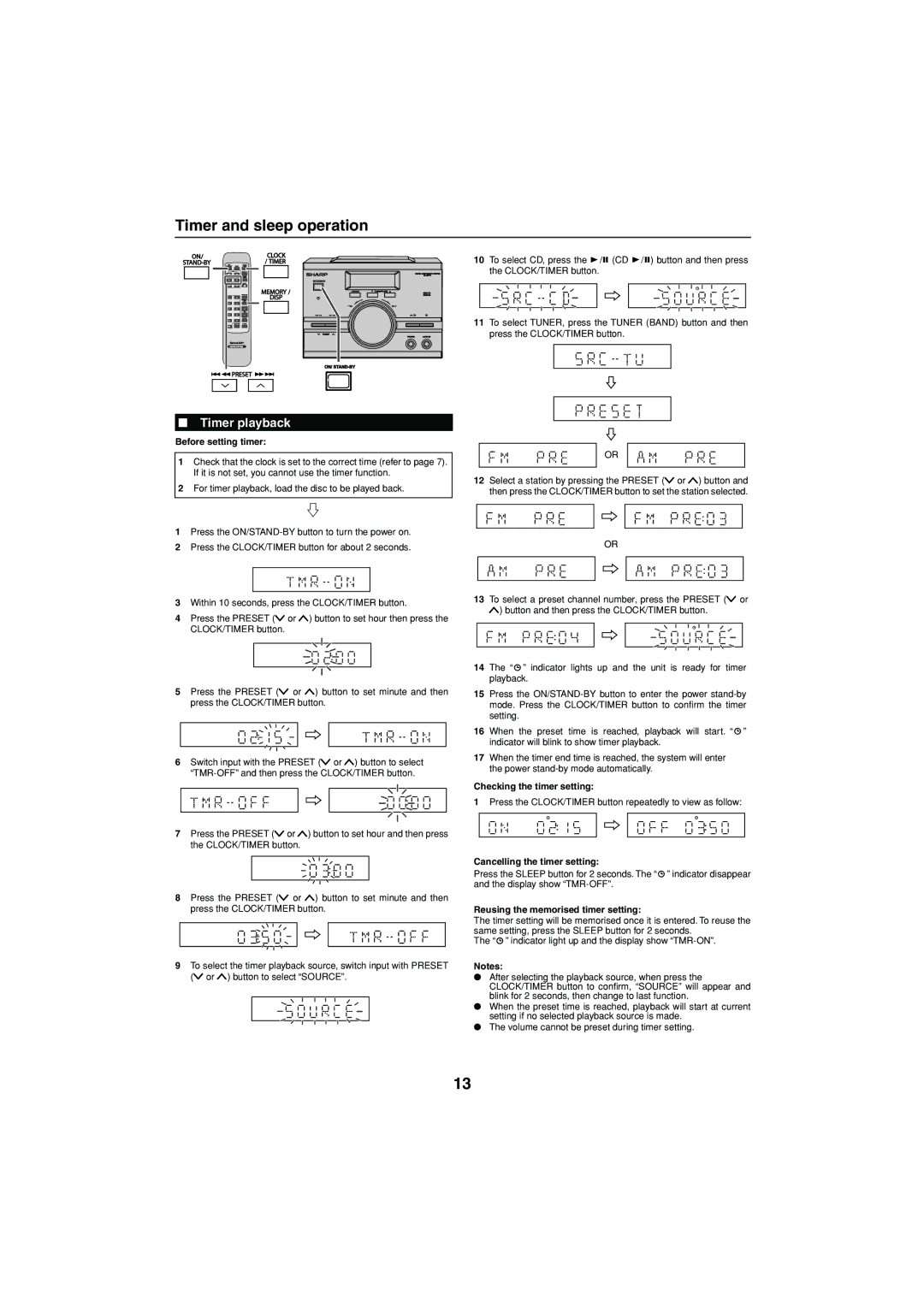 Sharp XL-MP15H operation manual Timer and sleep operation, Timer playback 