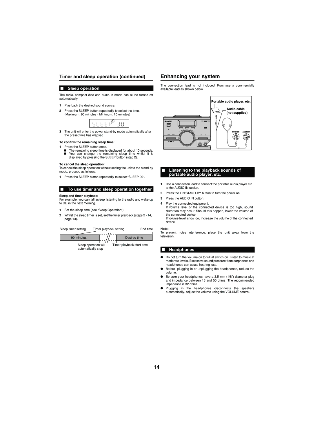 Sharp XL-MP15H operation manual Enhancing your system, Timer and sleep operation, Sleep operation, Headphones 