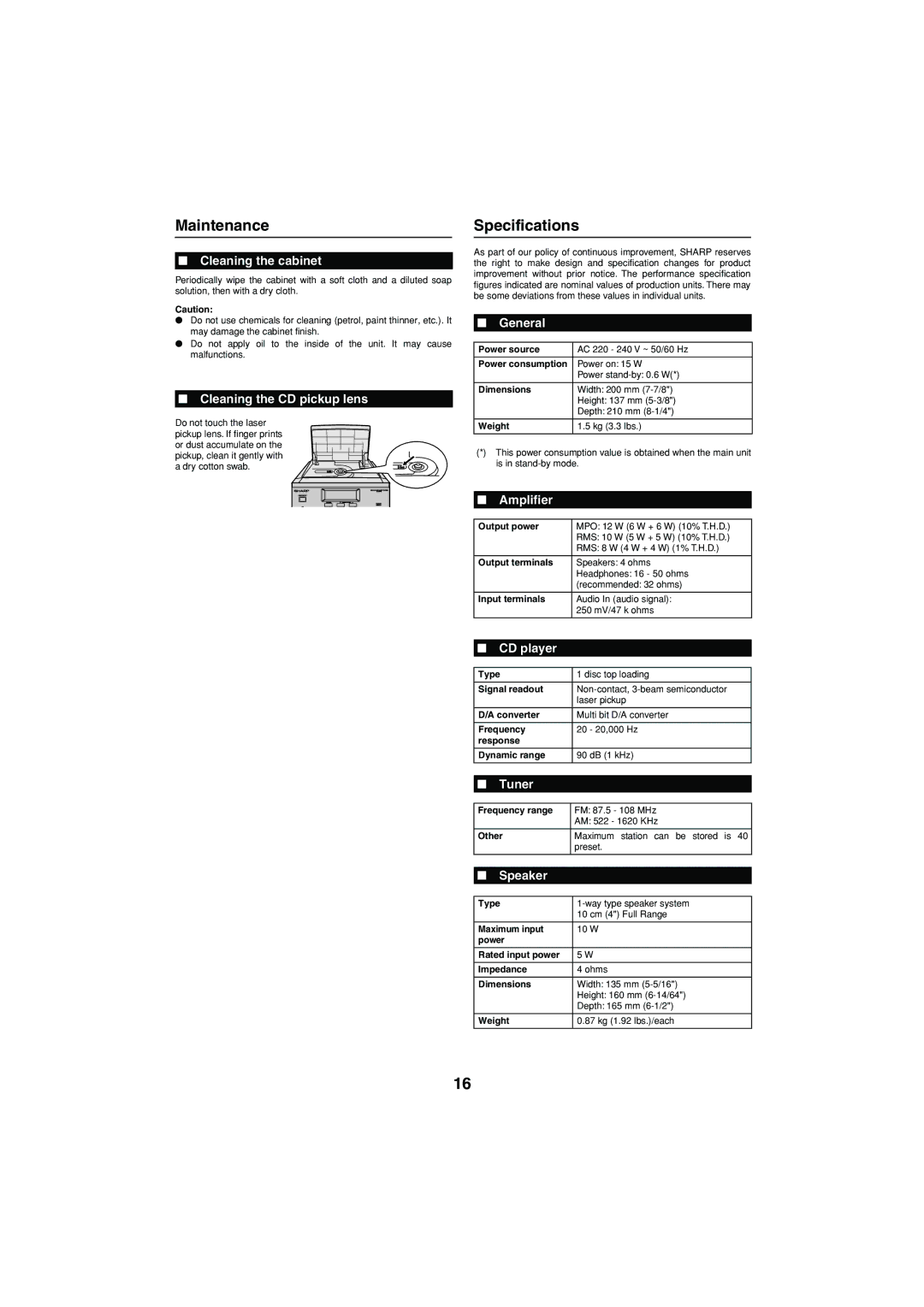 Sharp XL-MP15H operation manual Maintenance, Specifications 