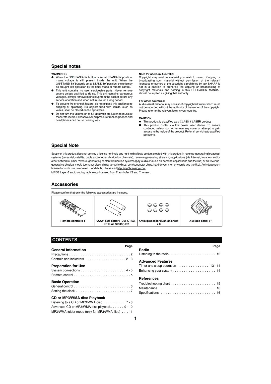 Sharp XL-MP15H operation manual Contents 