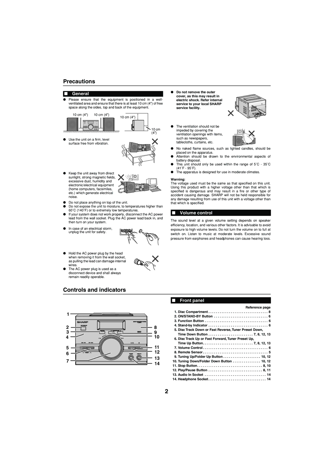 Sharp XL-MP15H operation manual Precautions, Controls and indicators, General, Volume control, Front panel 