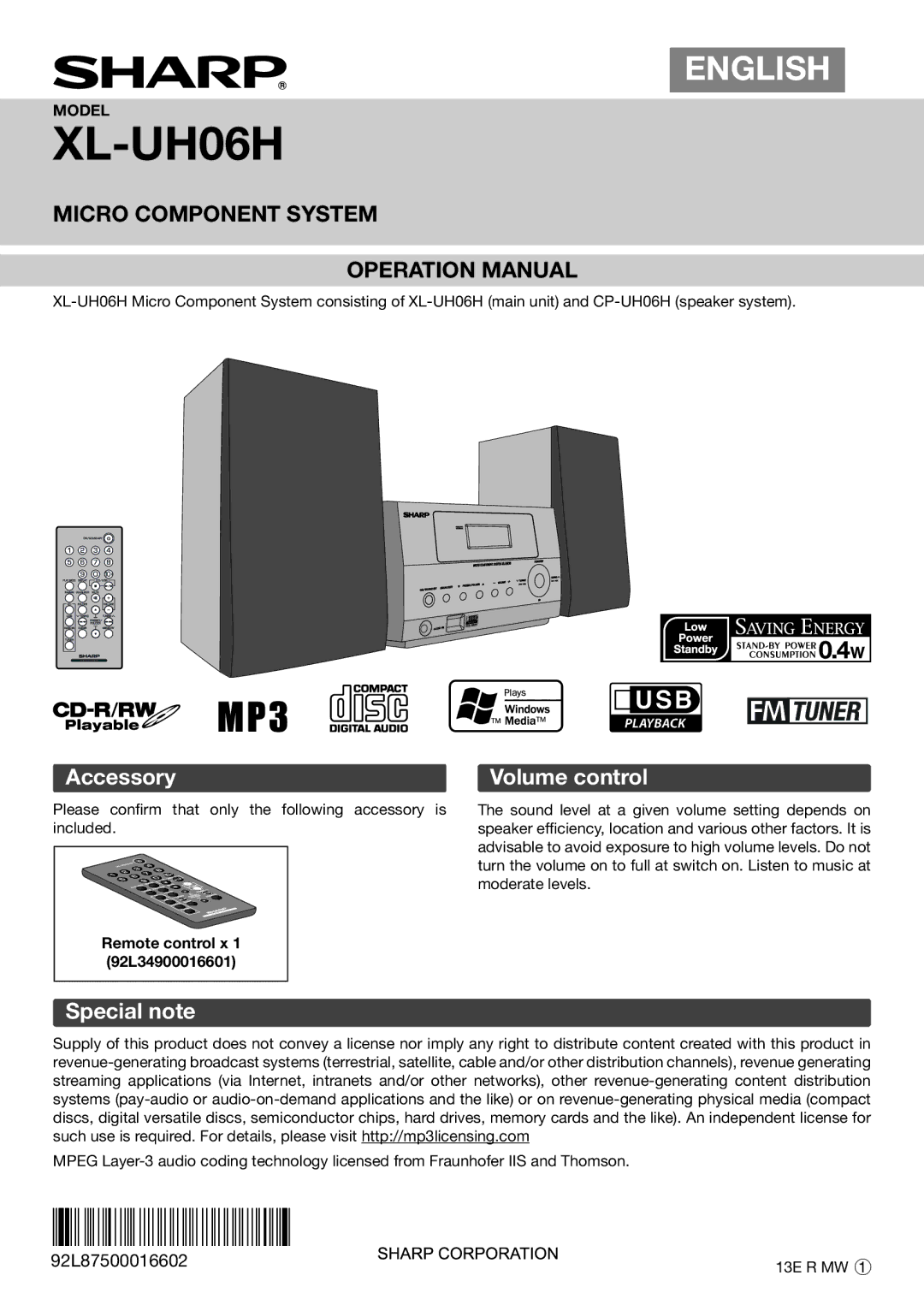 Sharp XL-UH06H operation manual Accessory, Volume control, Special note, Remote control x 1 92L34900016601 