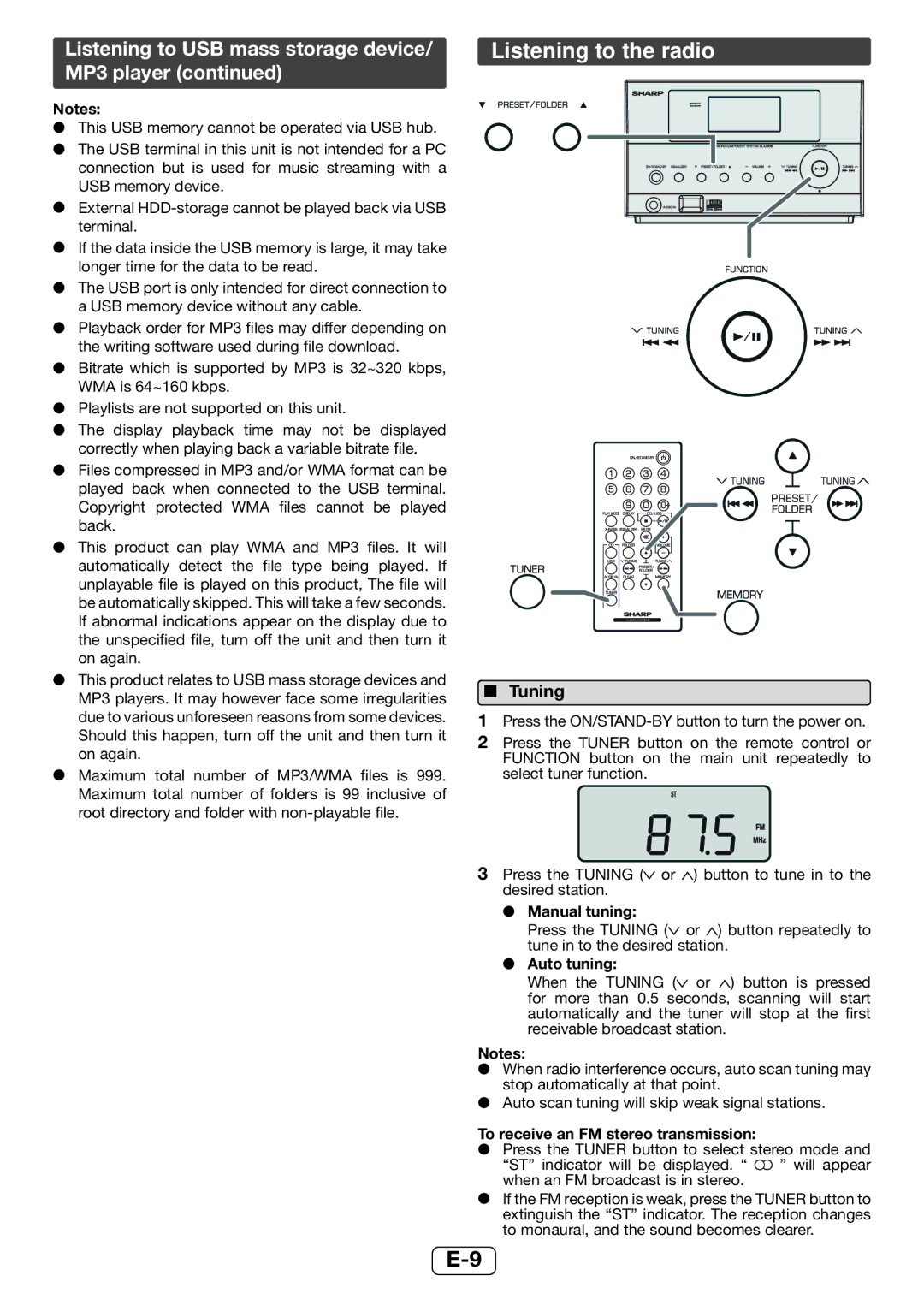 Sharp XL-UH06H operation manual Listening to the radio, Listening to USB mass storage device/ MP3 player, Tuning 