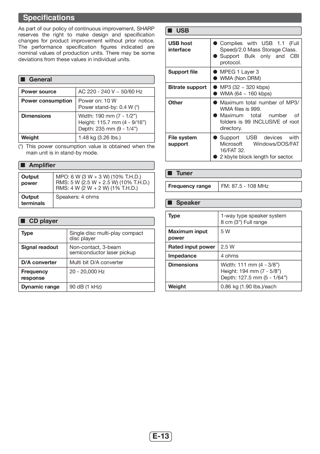 Sharp XL-UH06H operation manual Specifications, Amplifier, Speaker 