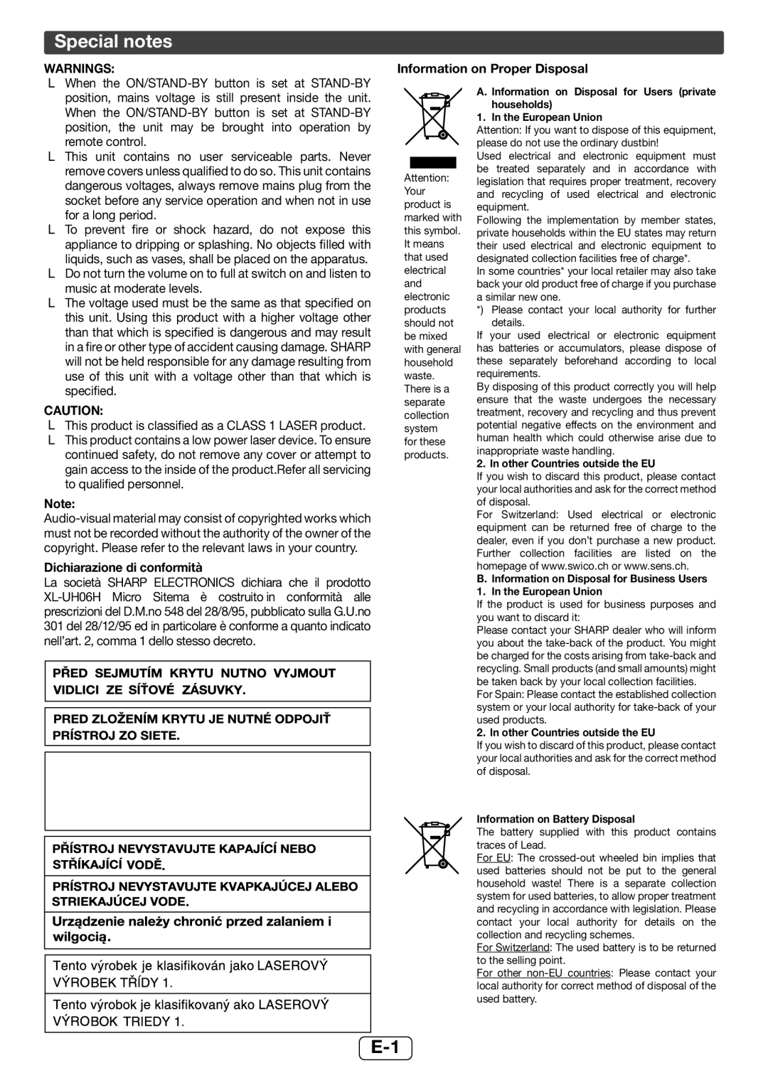 Sharp XL-UH06H operation manual Special notes, Information on Proper Disposal, Dichiarazione di conformità 