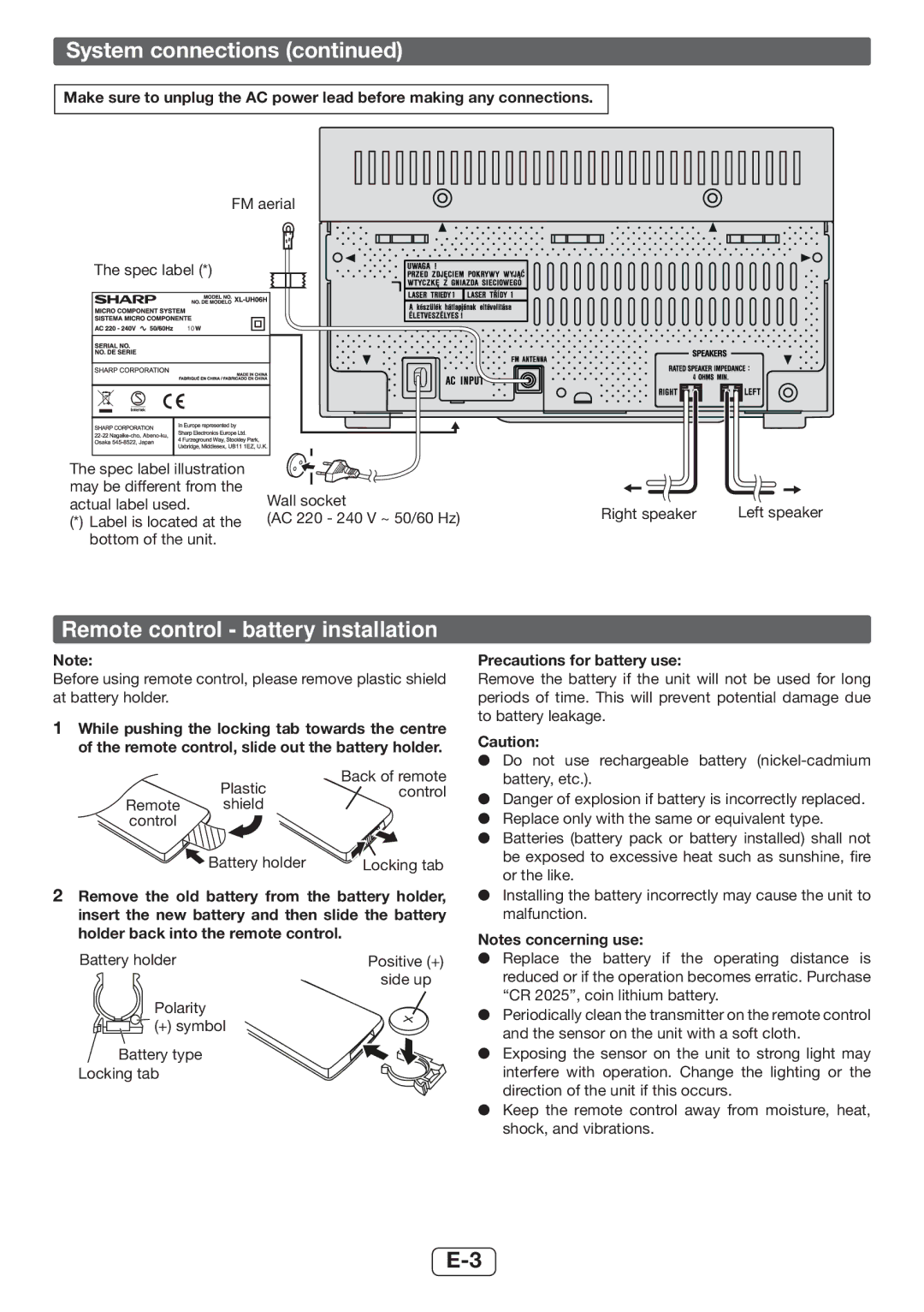 Sharp XL-UH06H operation manual Remote control battery installation, Precautions for battery use 