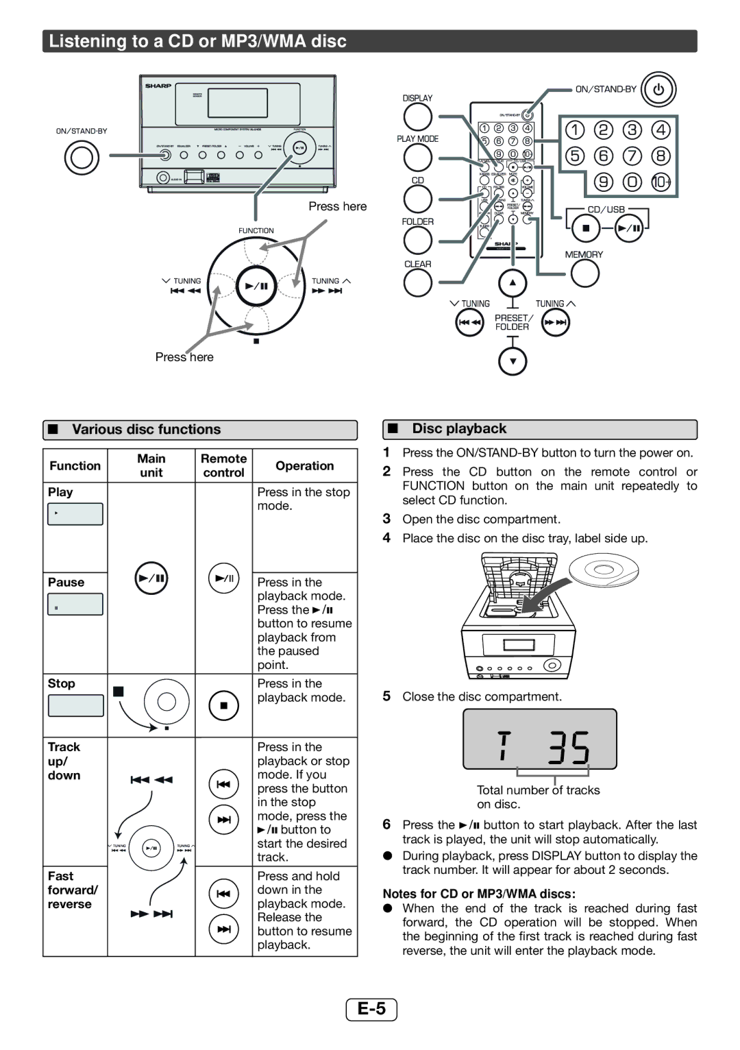 Sharp XL-UH06H operation manual Listening to a CD or MP3/WMA disc, Various disc functions, Disc playback 