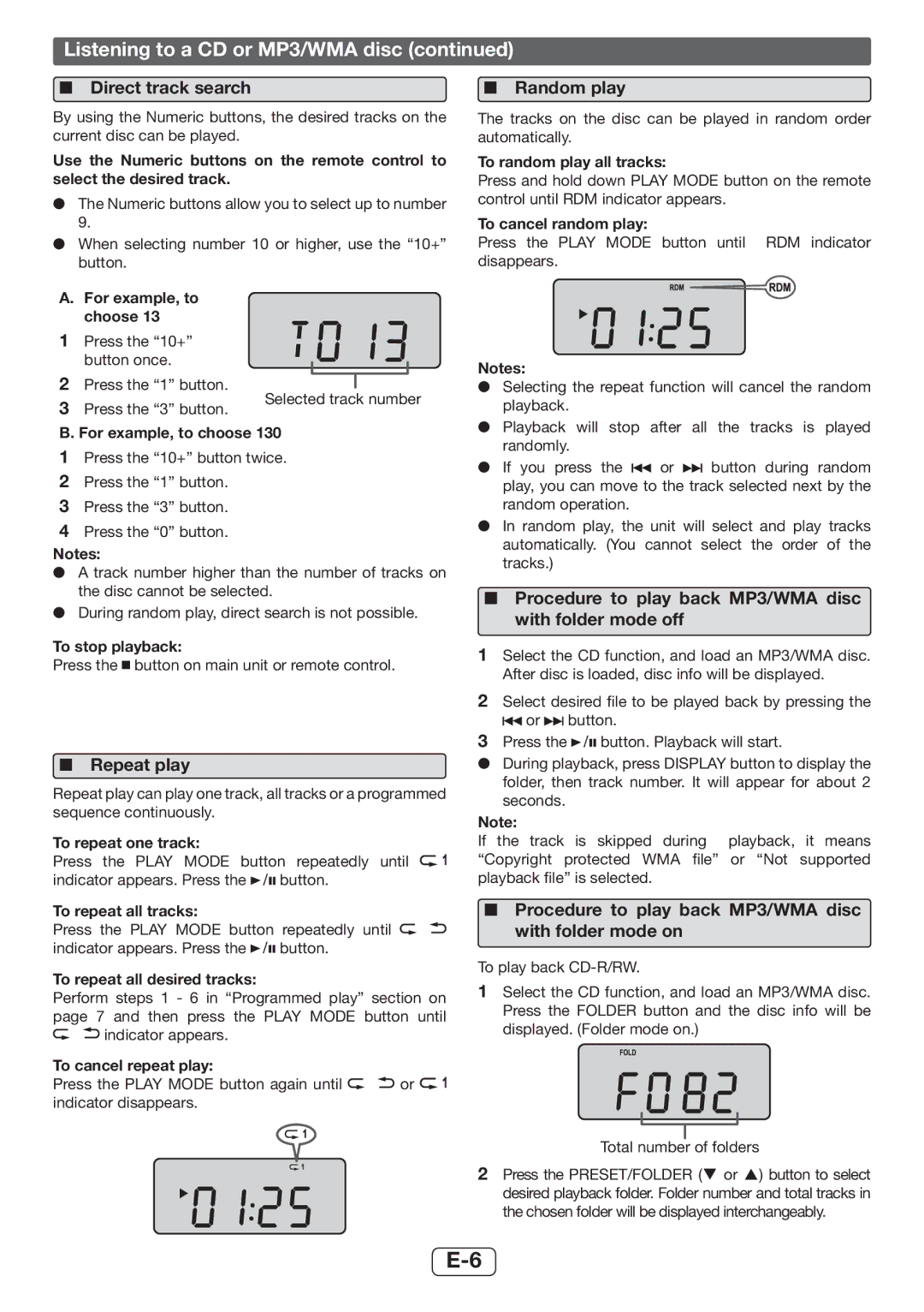 Sharp XL-UH06H operation manual Listening to a CD or MP3/WMA disc, Direct track search Random play, Repeat play 