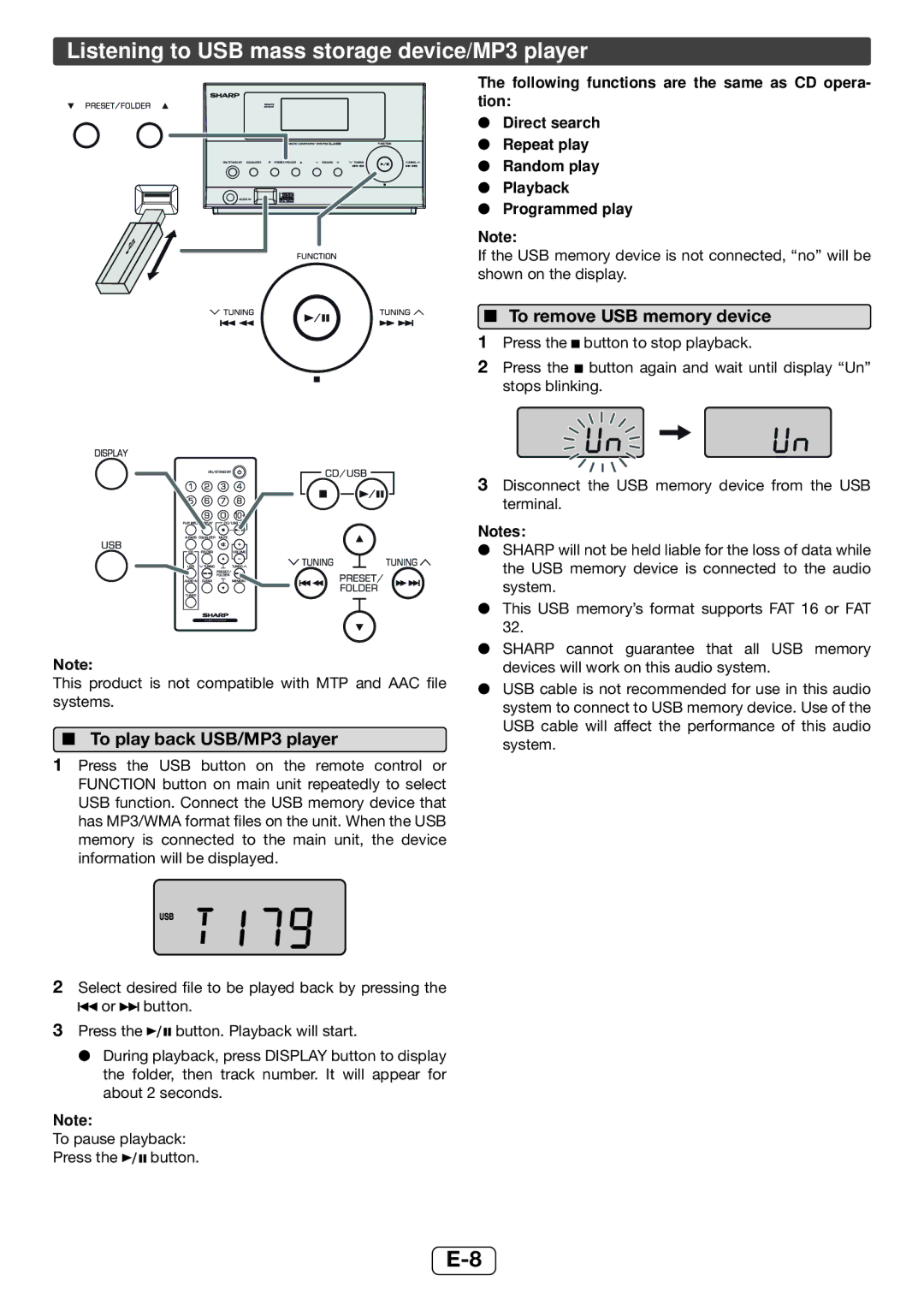 Sharp XL-UH06H operation manual Listening to USB mass storage device/MP3 player, To play back USB/MP3 player 