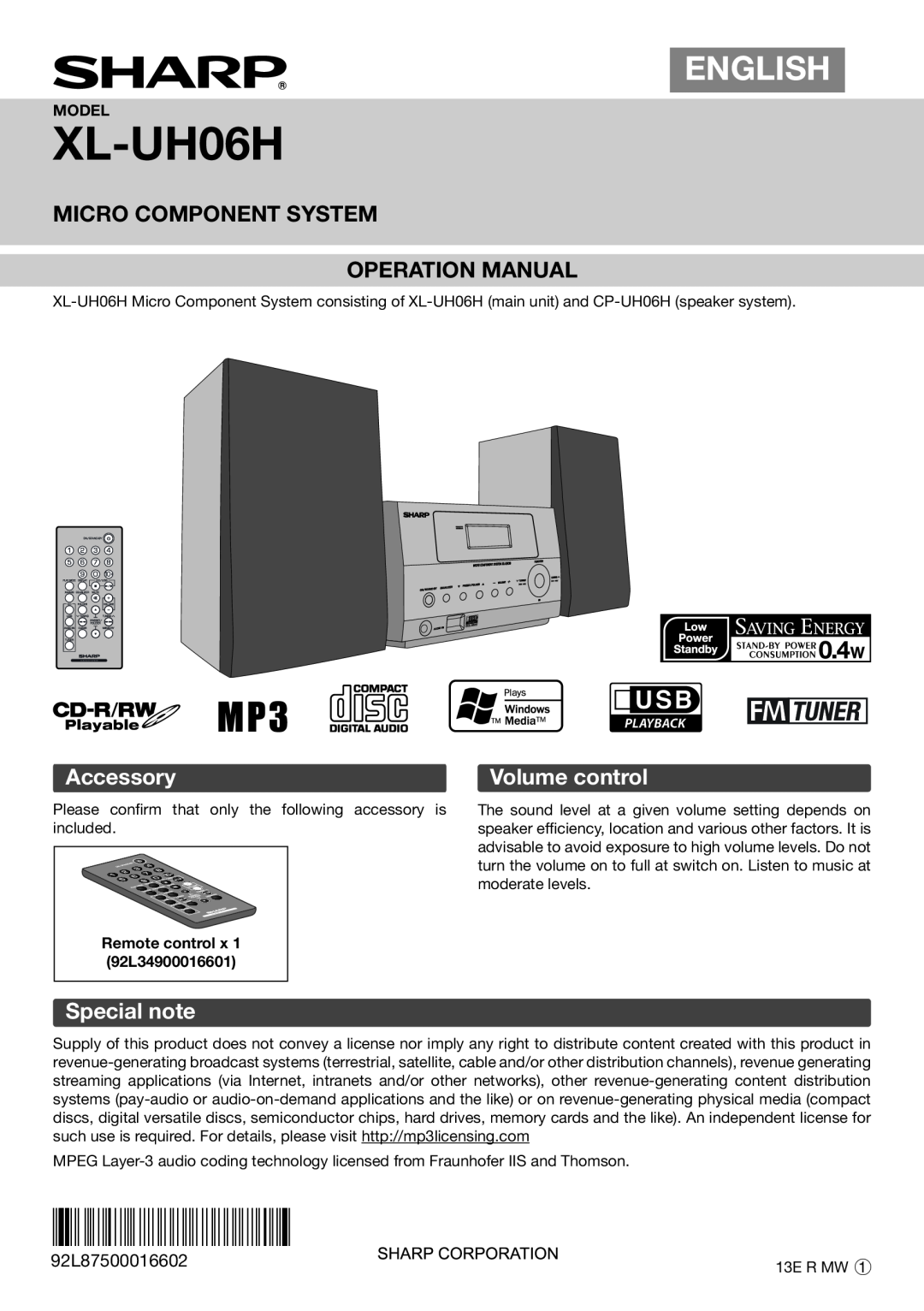 Sharp XL-UH06H operation manual Accessory, Volume control, Special note, Model, Remote control x 1 92L34900016601, English 