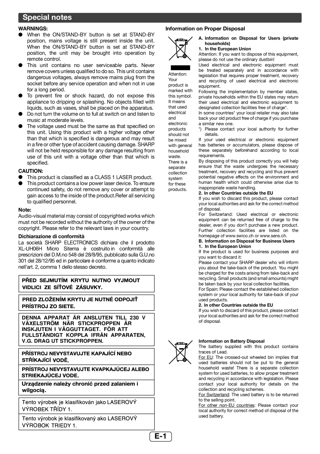Sharp XL-UH06H operation manual Special notes, Warnings, Information on Proper Disposal, Dichiarazione di conformità 