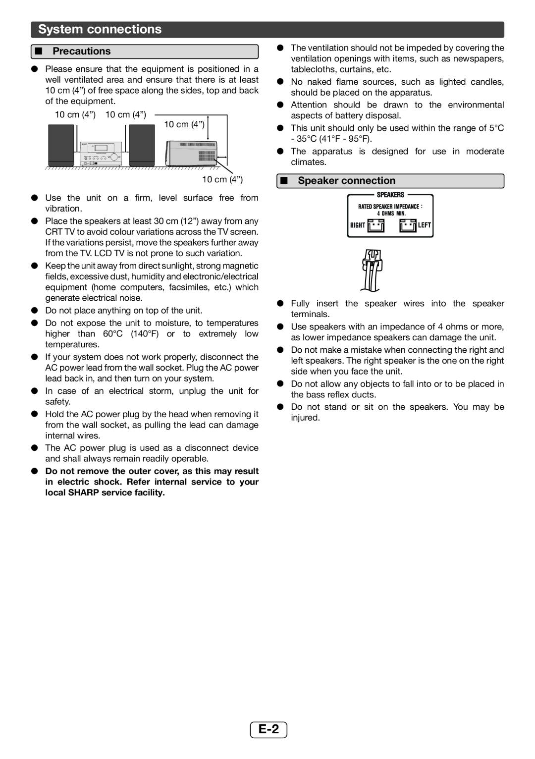 Sharp XL-UH06H operation manual System connections, Precautions, Speaker connection 