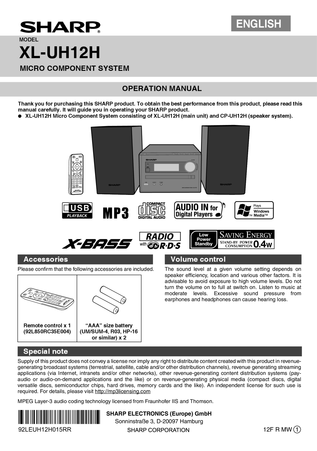 Sharp XL-UH12H operation manual Accessories, Volume control, Special note 