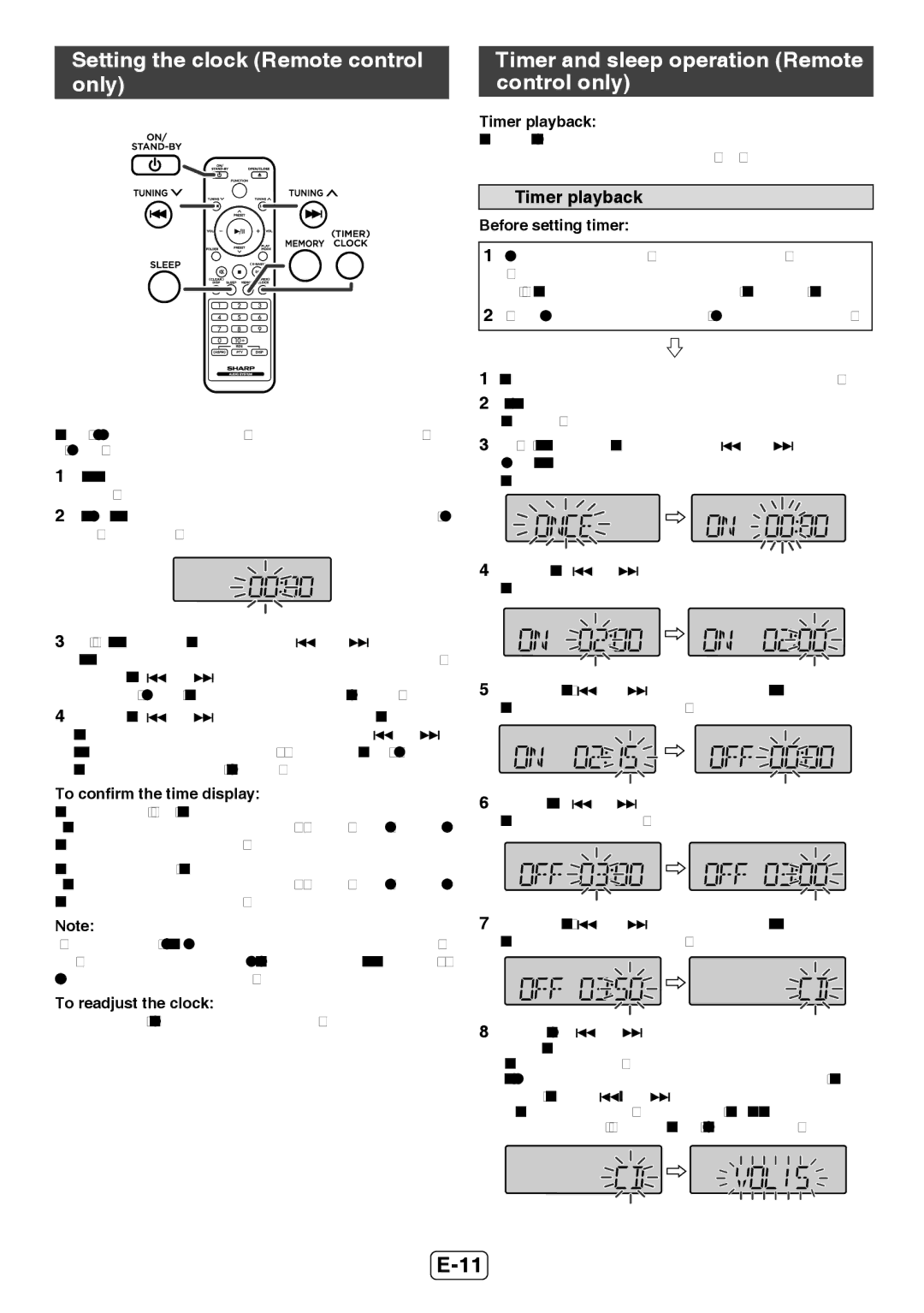 Sharp XL-UH12H Setting the clock Remote control only, Timer and sleep operation Remote control only, Timer playback 