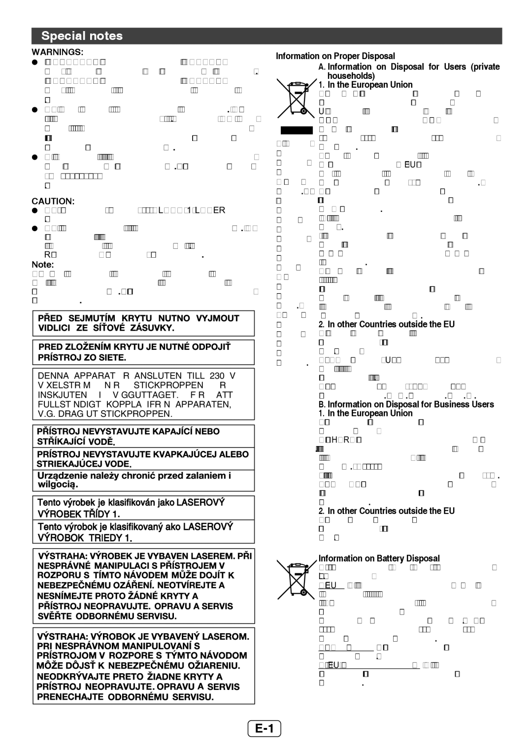 Sharp XL-UH12H Special notes, Households European Union, Other Countries outside the EU, Information on Battery Disposal 