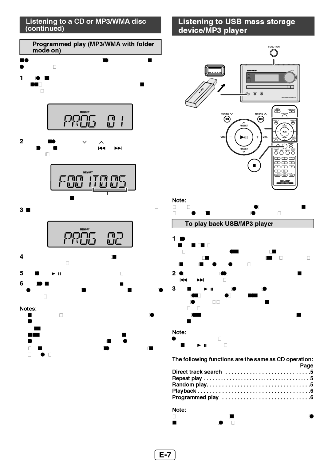 Sharp XL-UH12H Listening to USB mass storage device/MP3 player, Programmed play MP3/WMA with folder mode on 
