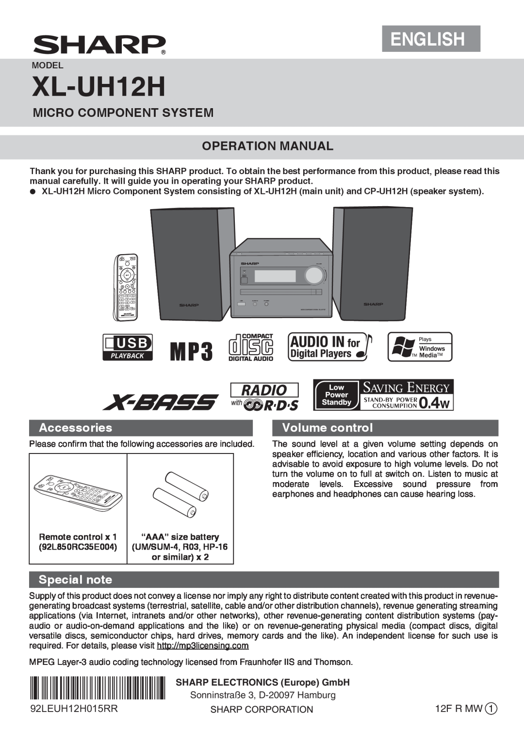 Sharp XL-UH12H operation manual Micro Component System Operation Manual, Accessories, Volume control, Special note, Model 