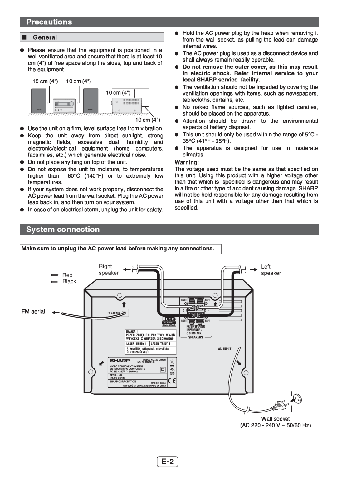 Sharp XL-UH12H operation manual Precautions, System connection, General 