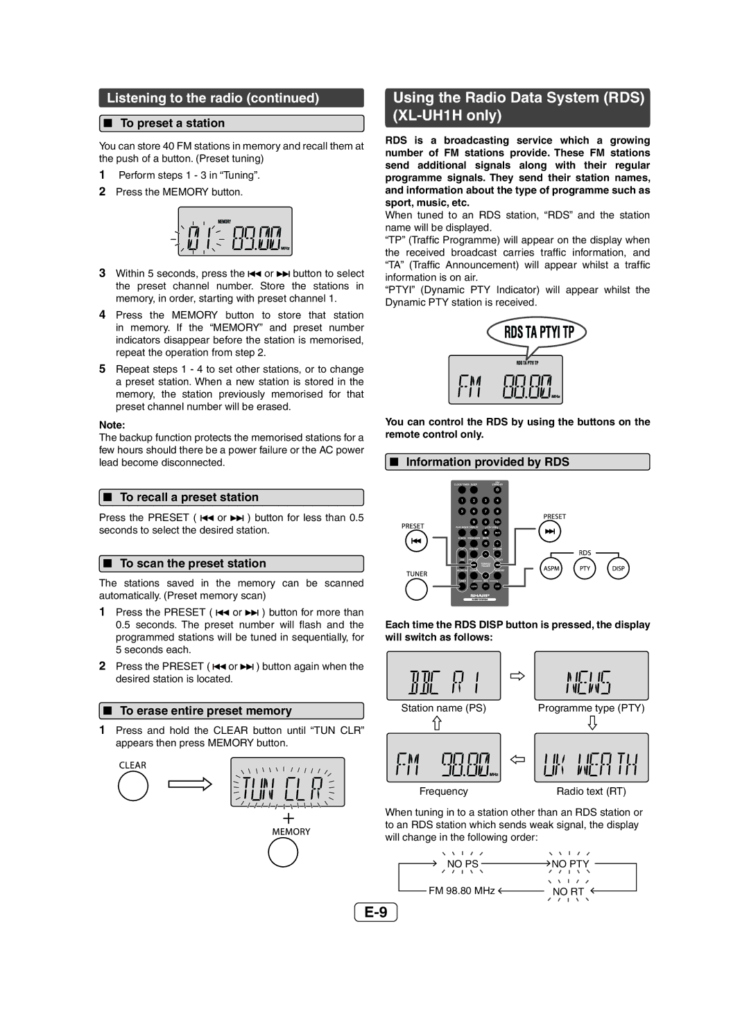 Sharp XL-UH05H operation manual Using the Radio Data System RDS XL-UH1H only, Listening to the radio 