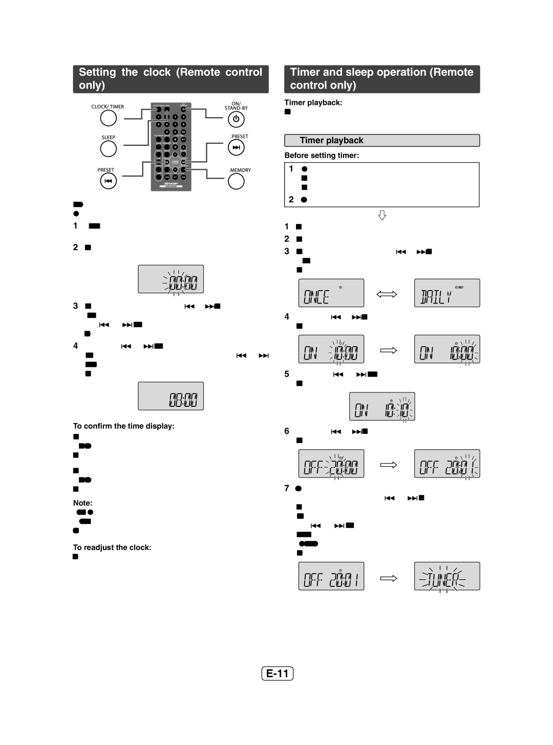 Sharp XL-UH1H Setting the clock Remote control only, Timer and sleep operation Remote control only, Timer playback 