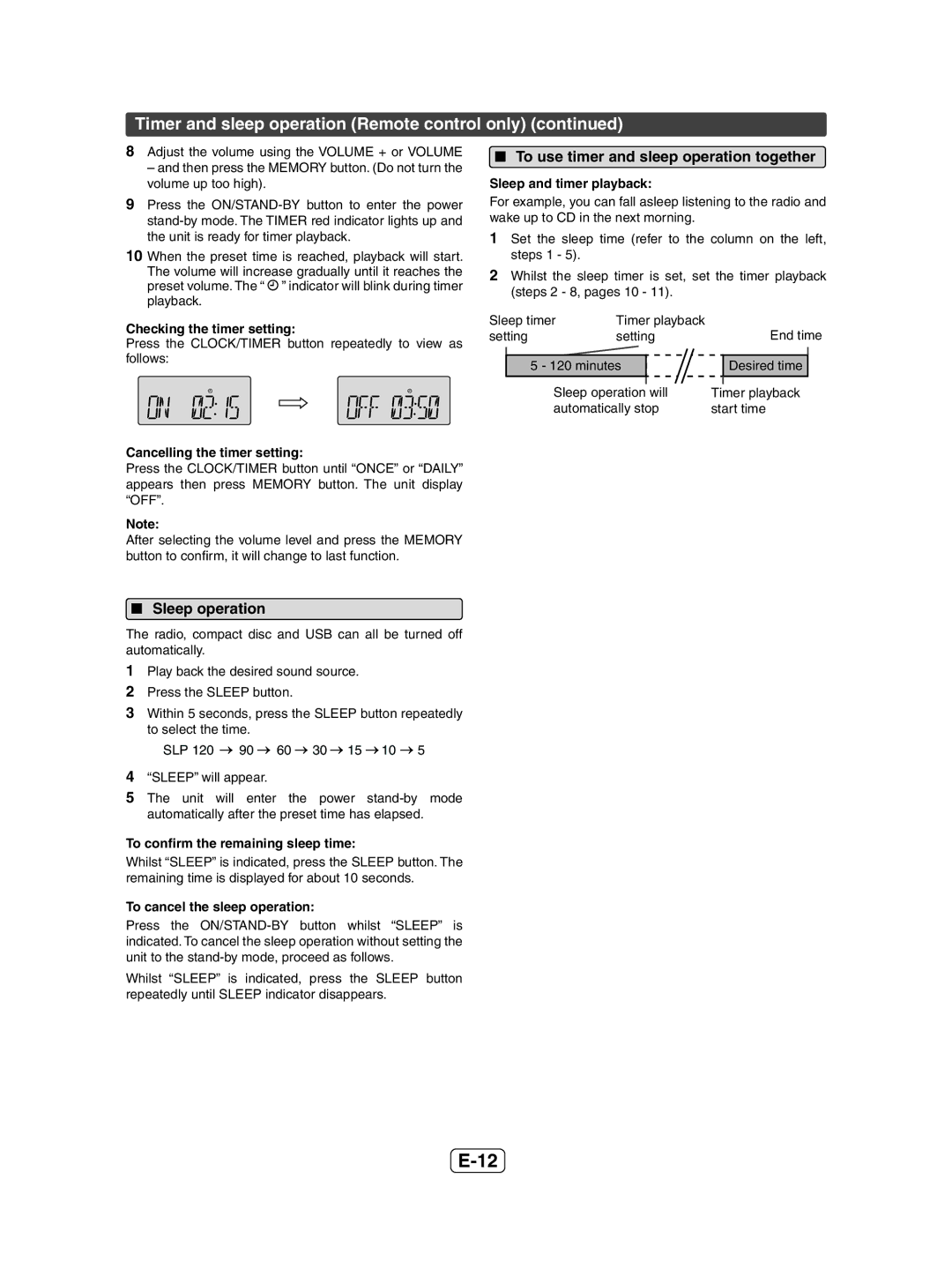 Sharp XL-UH05H Timer and sleep operation Remote control only, To use timer and sleep operation together, Sleep operation 