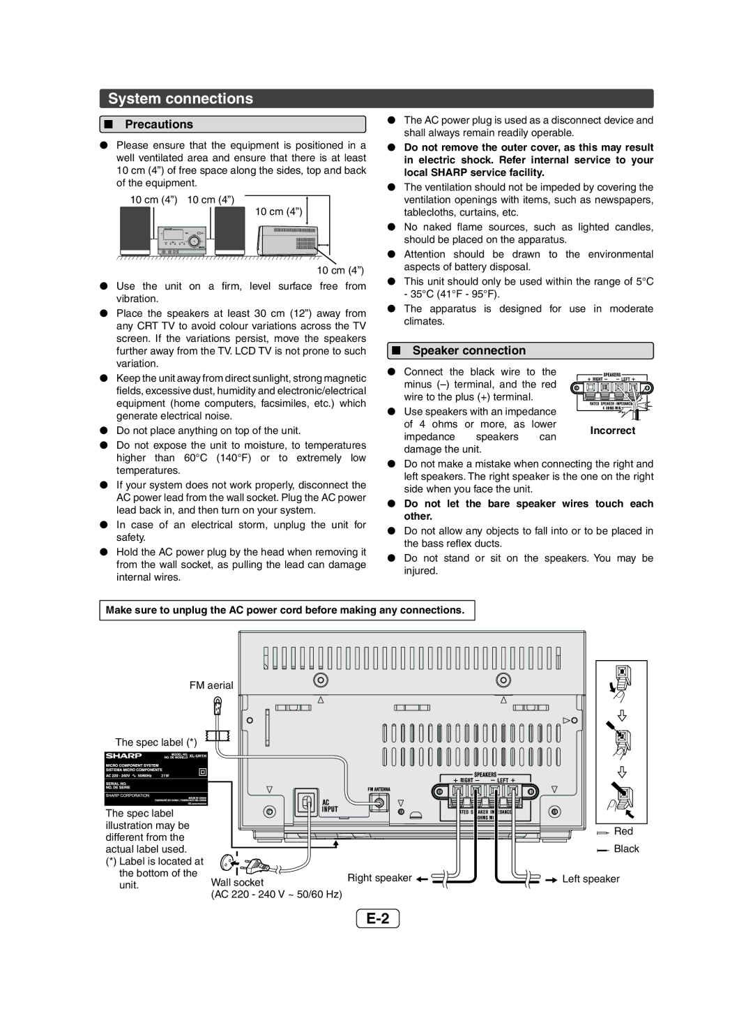 Sharp XL-UH05H, XL-UH1H operation manual System connections, Precautions, Speaker connection, Incorrect 