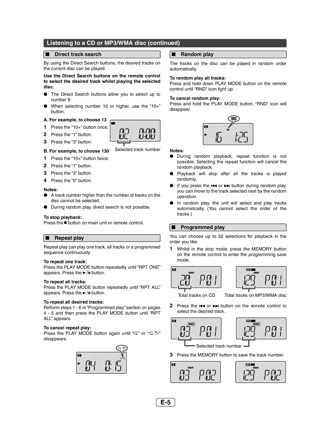 Sharp XL-UH1H, XL-UH05H Listening to a CD or MP3/WMA disc, Direct track search Random play, Repeat play, Programmed play 