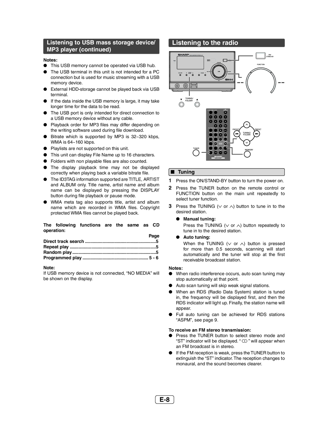 Sharp XL-UH05H, XL-UH1H operation manual Listening to the radio, Listening to USB mass storage device/ MP3 player, Tuning 