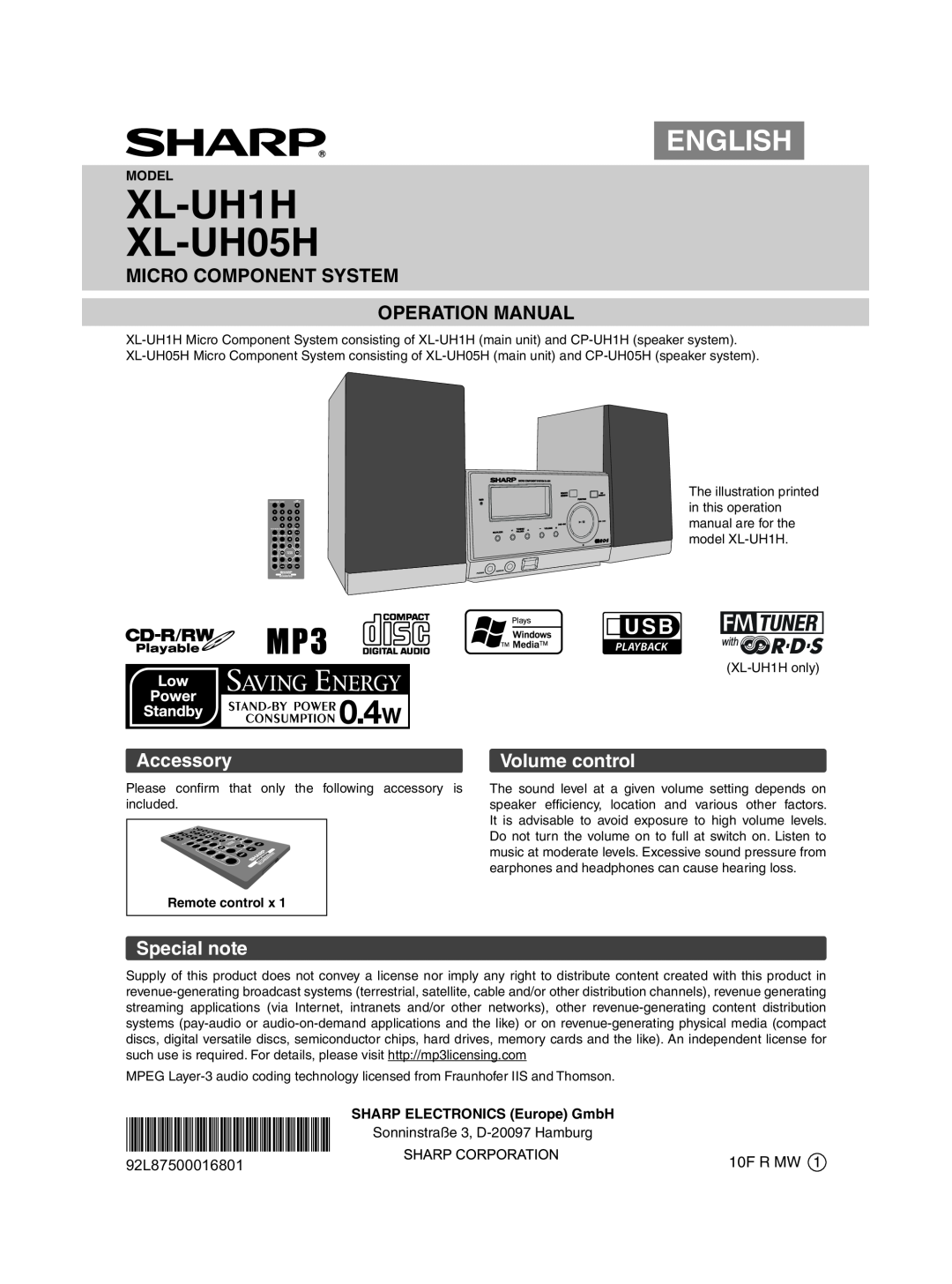 Sharp operation manual Accessory, Volume control, Special note, XL-UH1H XL-UH05H, English, 92L87500016801, 10F R MW 