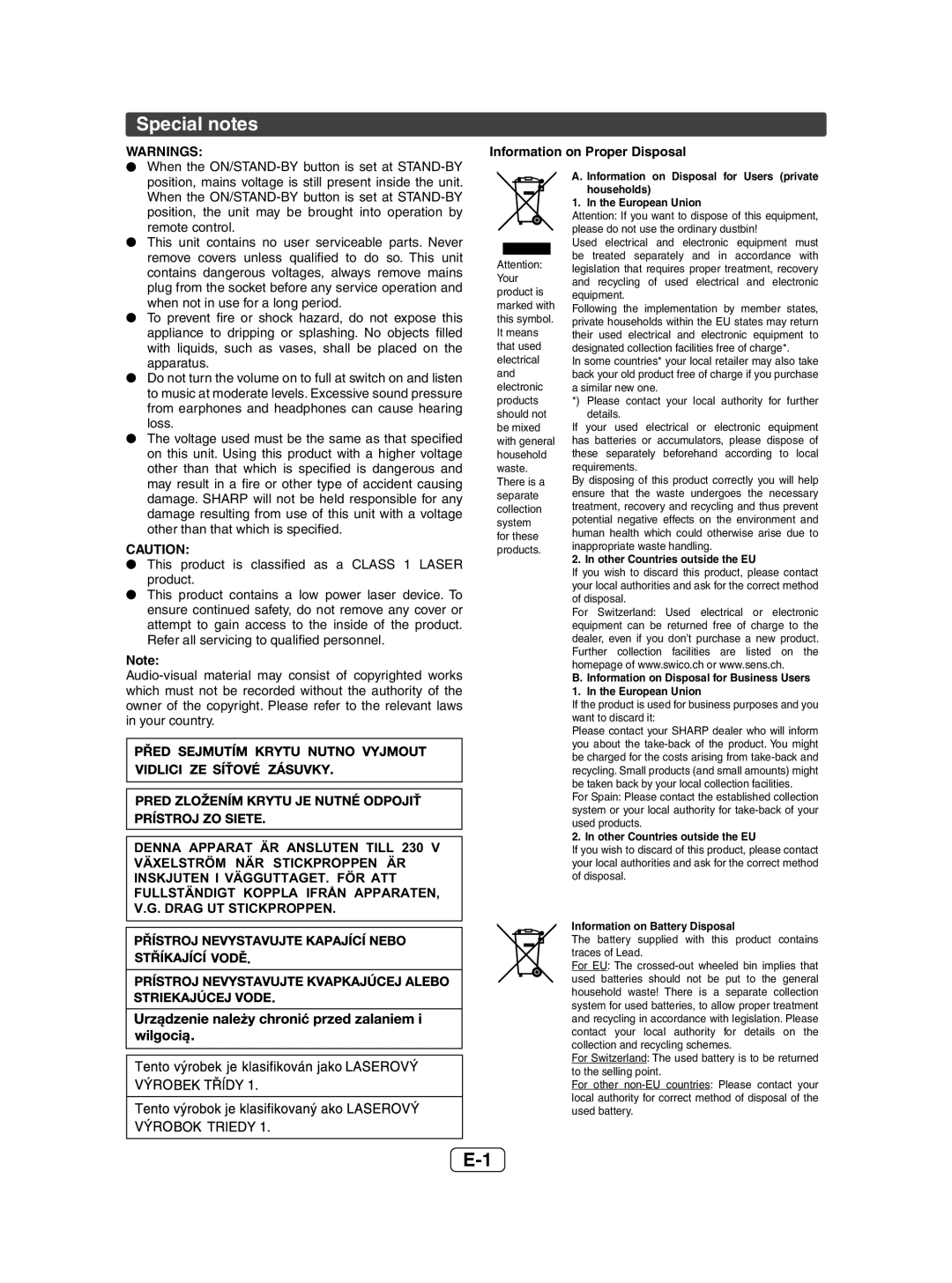 Sharp XL-UH1H, XL-UH05H operation manual Special notes 
