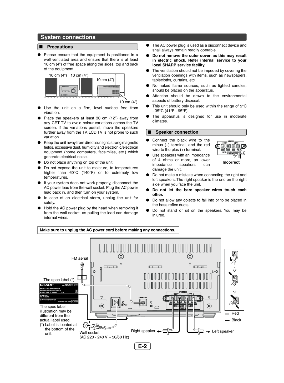 Sharp XL-UH05H, XL-UH1H operation manual System connections, Precautions, Speaker connection 